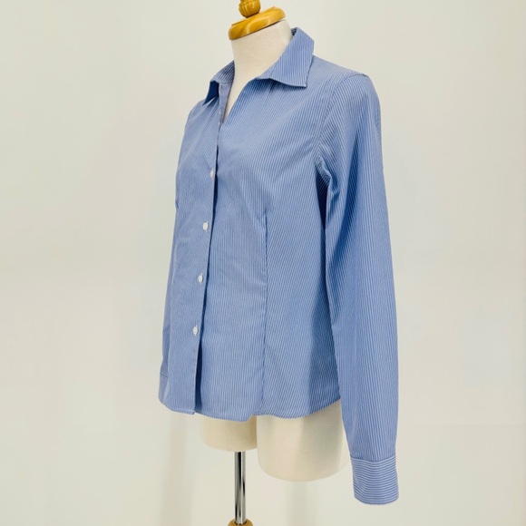 Anne Klein Blue and White Pinstriped Non-Iron Long Sleeve Button Down Top, Small - Picture 3 of 16